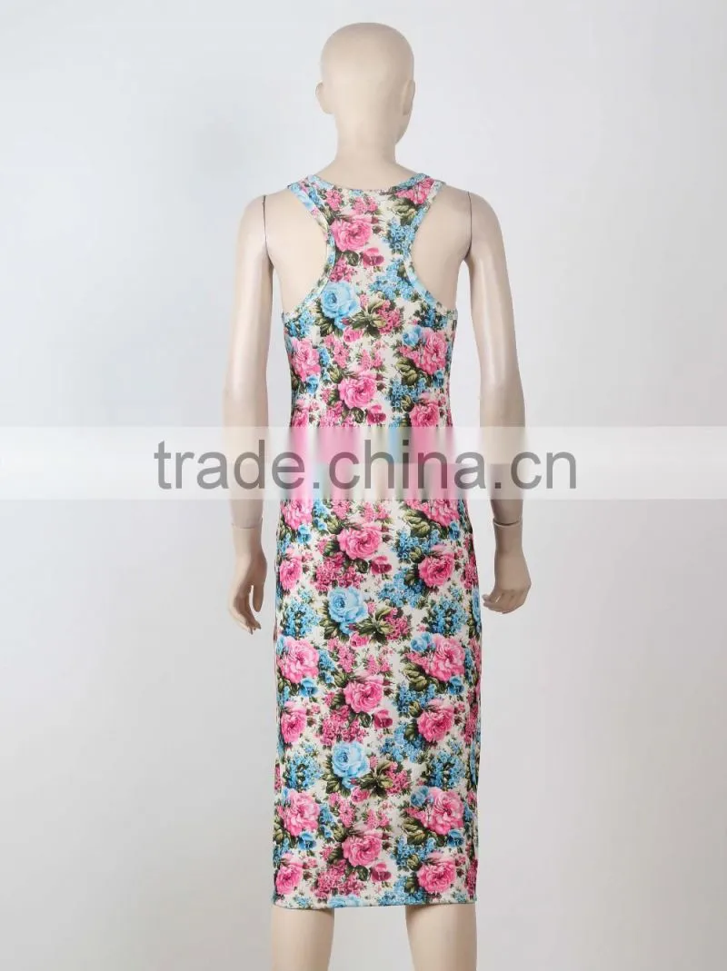 New Style One Piece Long Evening Dress Ladies Sleeveless Floral Printed Night Dress