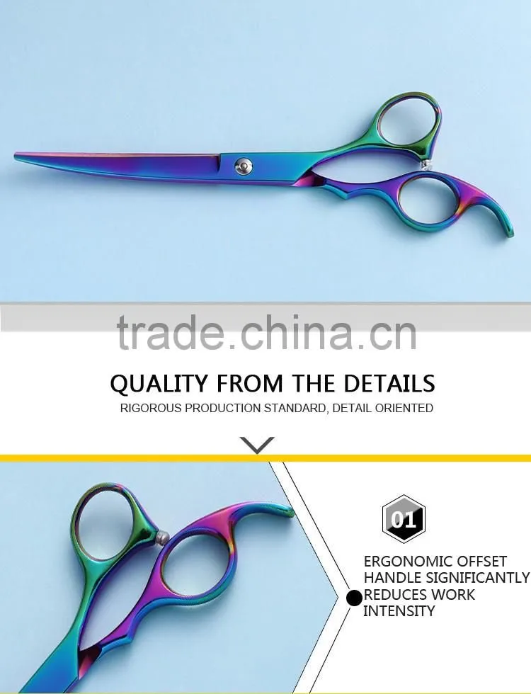 CS-65JQ 6.5inch rainbow color downward curved ergonomic handle pet grooming professional hair cutting scissors