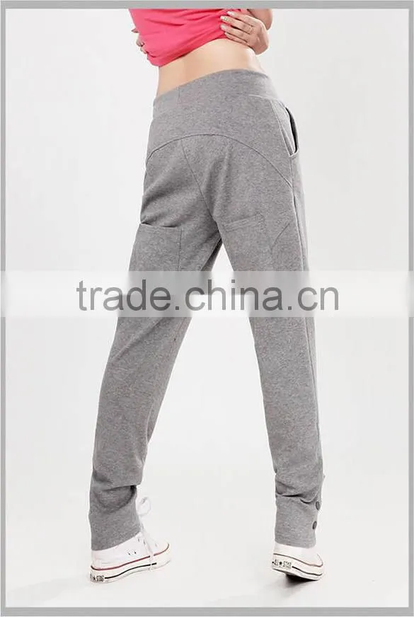 100%Cotton Womens Summer Casual Long Sports Pants with Drawstring & Button Design