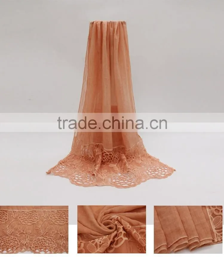 New fashion concise style plain dyed linon viscose thin flower lace trim ribbon hijab scarf