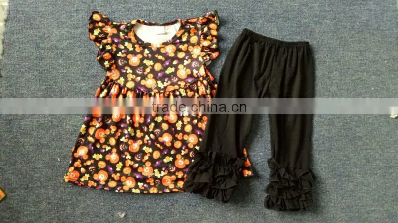 Wholesale Baby Girls Fancy Boutique Clothing Fall Printing Ruffle Top Clothing Sets Remake Outfits