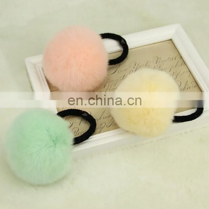 Lovely real rabbit fur ball hairband hand made wholesale fur pom pom elastic