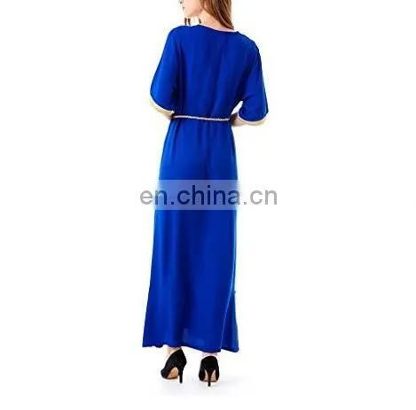 Embroidery gown with belts rayon soft and comfortable plain Abaya Muslim dresses(Mu052001)