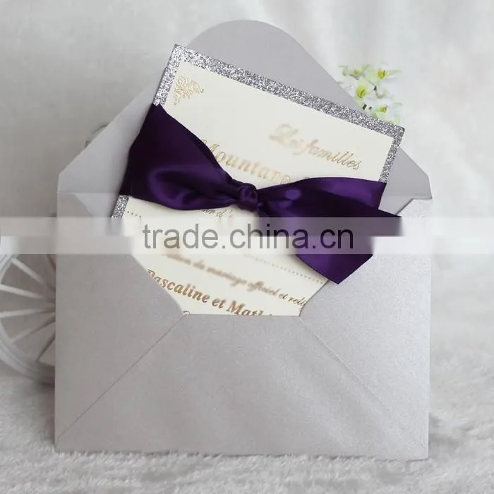 Elegant Card Royal Purple Ribbon Silver Glitter Paper Wholesale