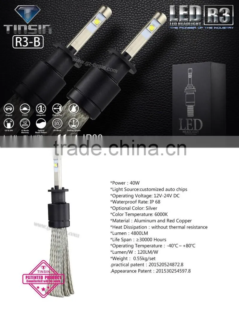 2016 new products led car light r3 h1 H3 H7 H4 high low beam 40w 4800lm led headlight kit