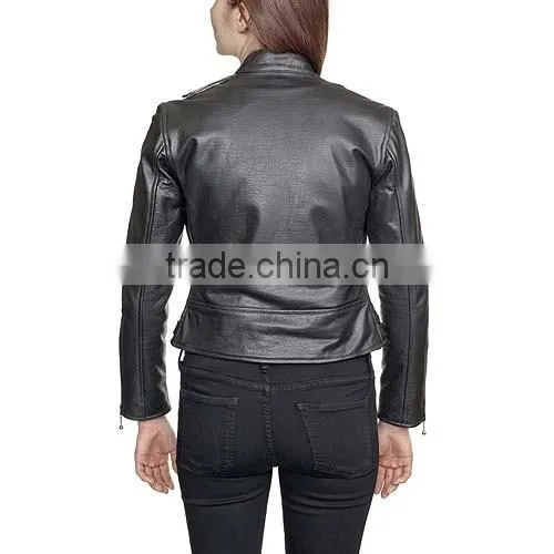 classic British style womens leather motorcycle jacket