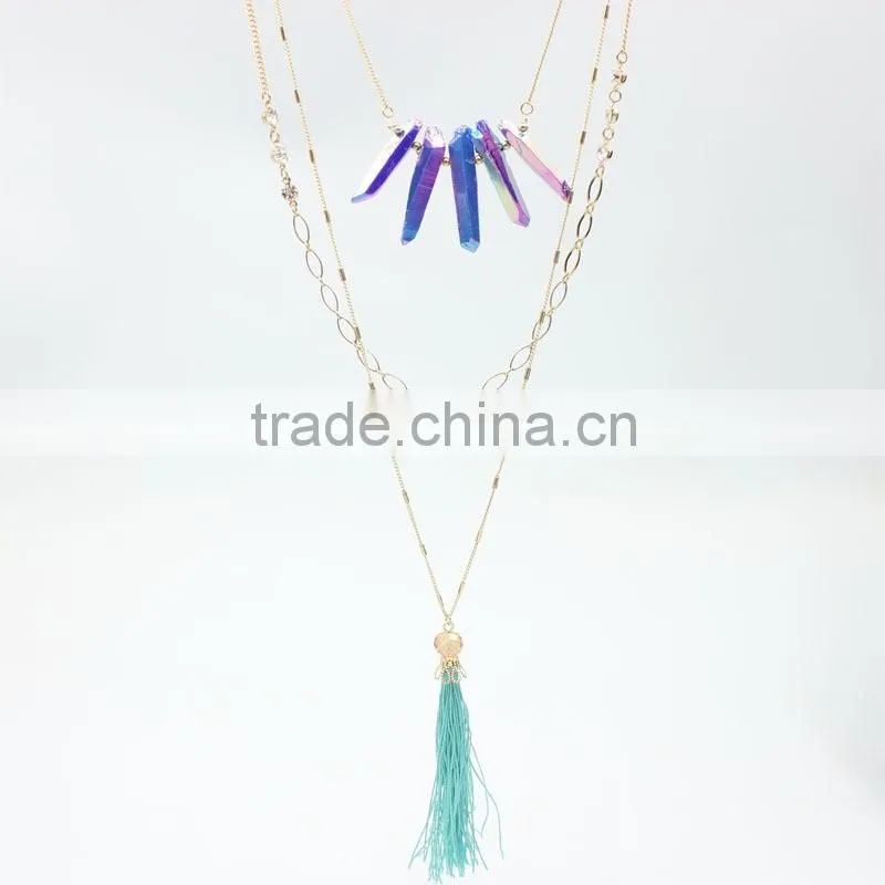 Fashion Boho Crystal Beaded Long Tassels Layering Fringe Pendant Necklace NNK-100974-1