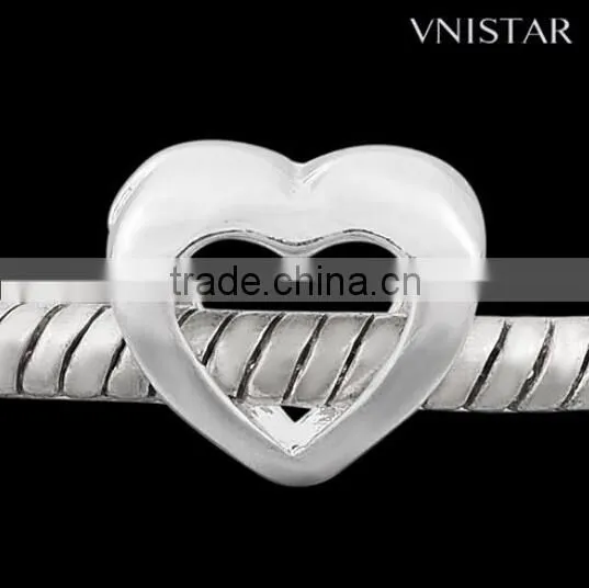 Vnistar Silver plated bead PBD1035, heart-shaped bead fit for european bracelet size in 10*11mm