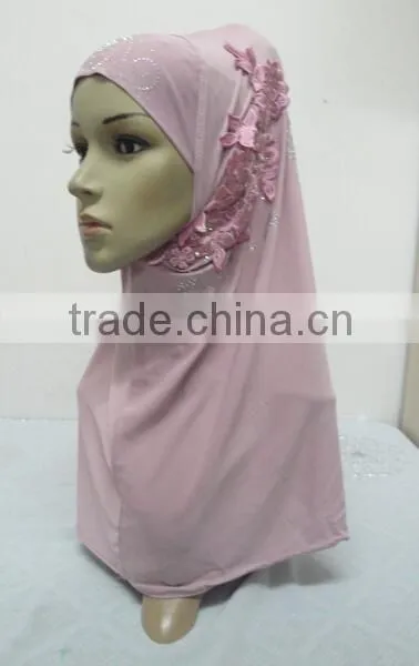 H274 latest one piece instant hijab with lace and rhinestones,muslim scarf