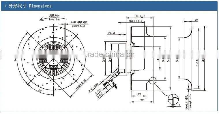 china plastic centrifugal fan B3P250-EC092 with backward curved centrifugal impeller