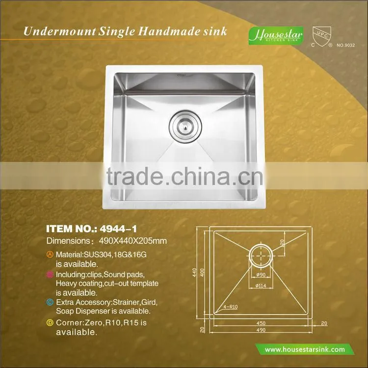 CUPC Certificate Direct Manufacturer Handmade Single Bowl Stainless Steel Kitchen Sink With Single Drainer --4944R