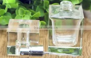 50ml luxury transparent glass square shape perfume bottle with shiny sliver metal sprayer pump cap