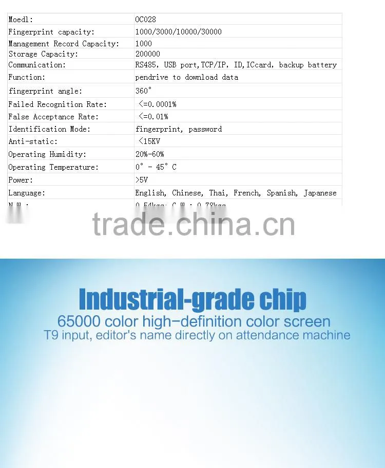 Ocean OC028 Finger Print Machine Biometric Time Attendance Employee Time Clock