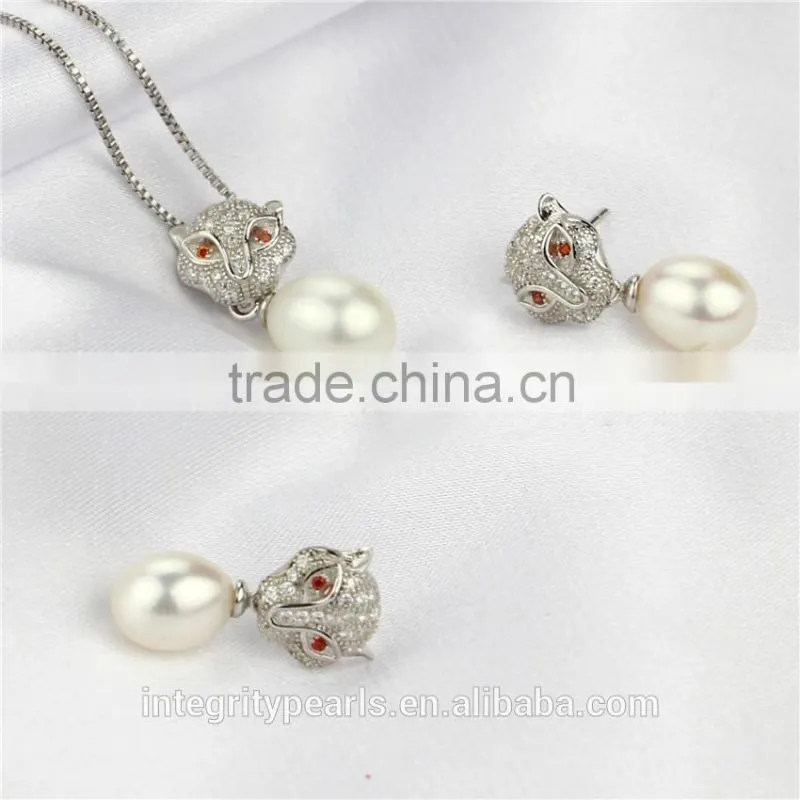 leopard animal shape Top Quality 925 Sterling Silver natural pearl Pendant and Earring Set