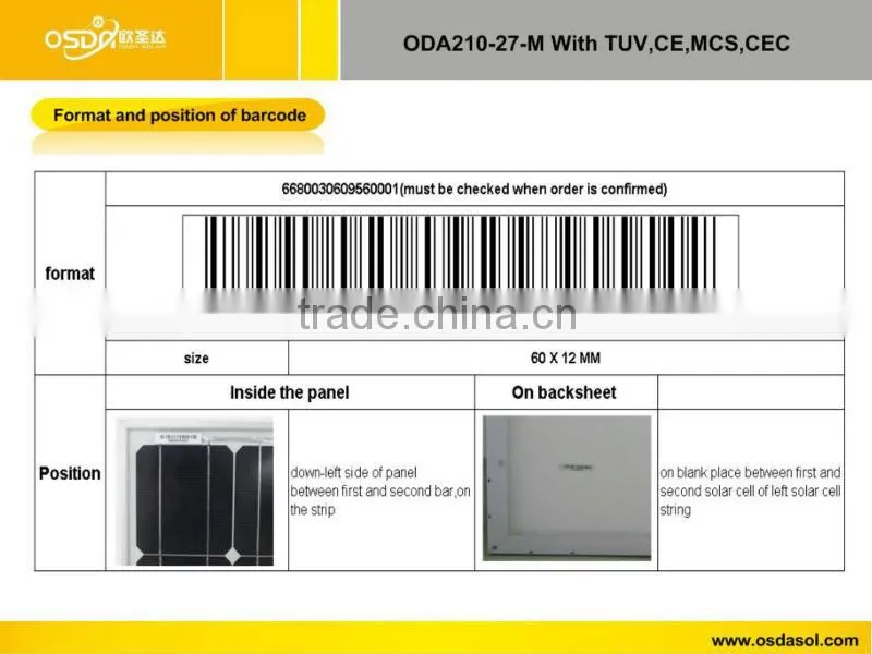 TUV MCS CEC certificated 210W mono solar panel