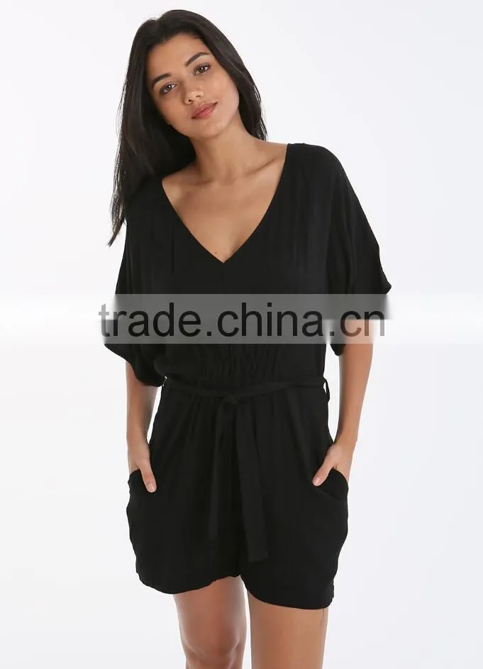 Made In China Deep V Neck Sexy Girls Wearing Jumpsuit Black Beach Wear Short Casual Summer Playsuit For Women