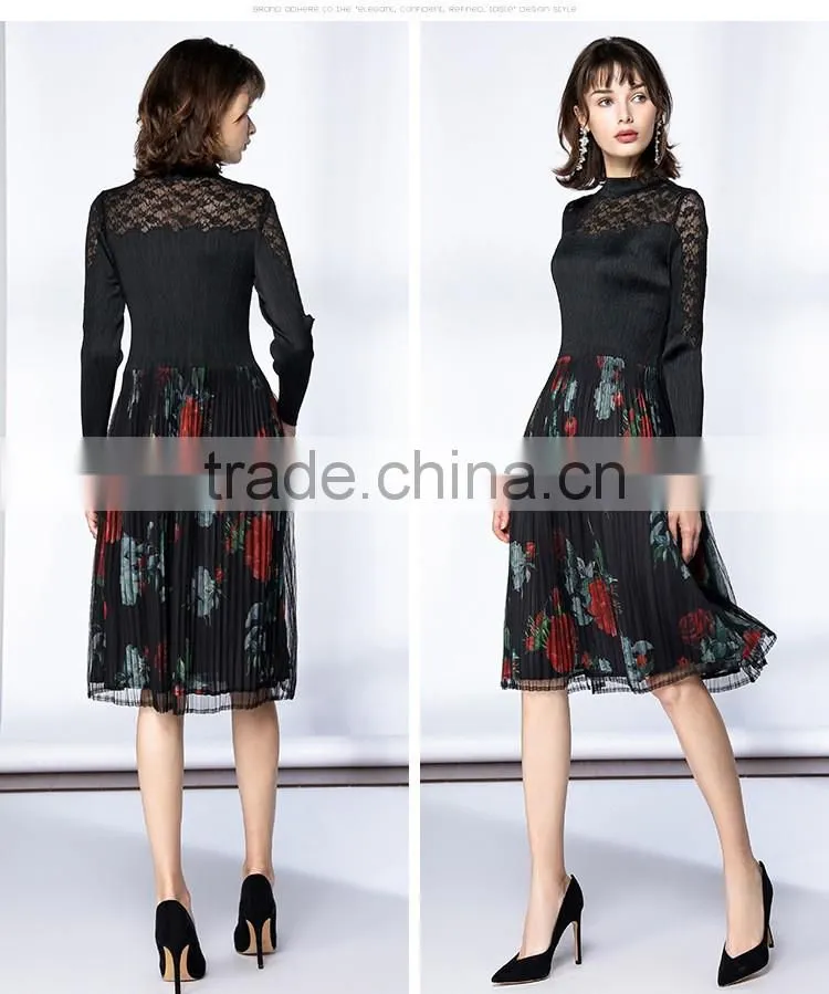 Pleat large sized spring lace splicing printed dress for women