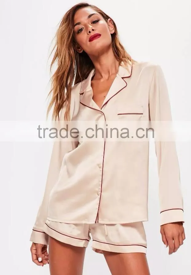 Custom Design Plain Nude Satin Pyjama Set With Contrast Burgundy Piping Button Top With Shorts