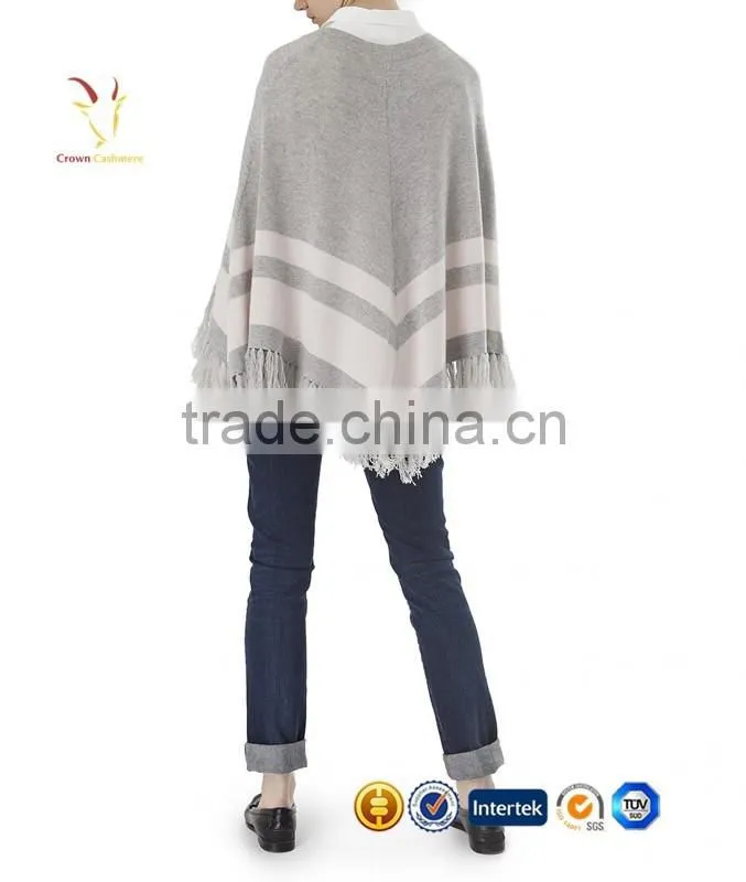 Strips and Tassel Knitted Cashmere Poncho Shawl