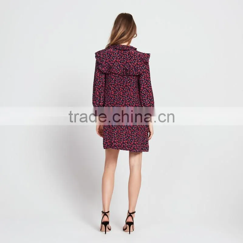 Ruffled at neck and cuff, ladies round neck and long sleeve dress