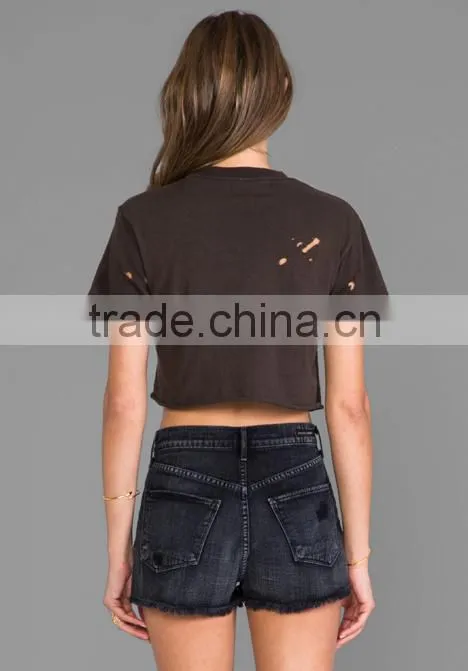 intentional holes throughout raw cut hem crop t-shirts