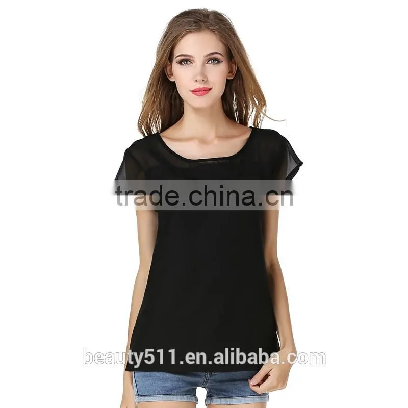 Show thin hollow short sleeved chiffon shirt sexy perspective stitching chiffon blouse SD97