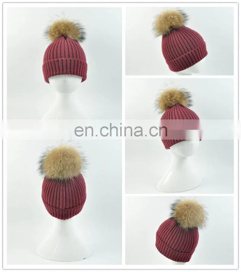 Kids Funny Hat With Big Genuine Raccoon Fur Ball Winter Knit Hat Baby Crochet