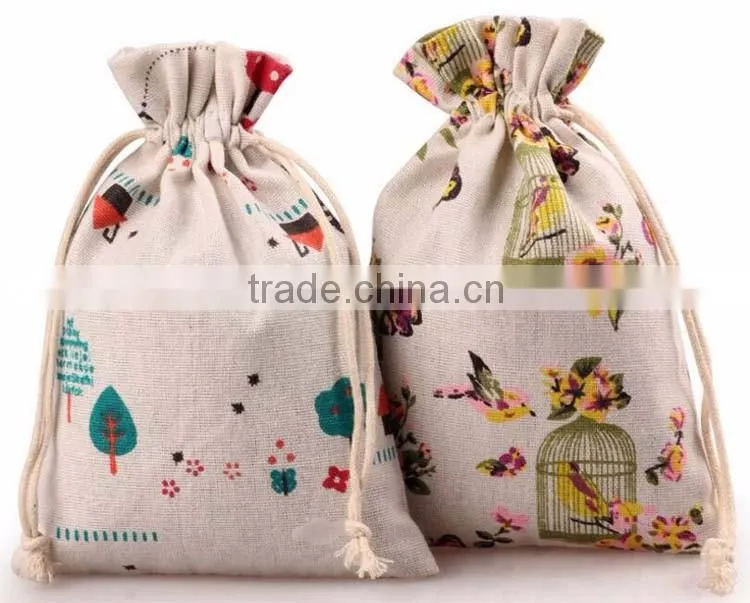 Welcome customized print logo linen fibric gift jewelry bag,small giveaway drawstring bear linen present bag