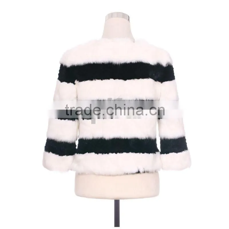 QD30538 Plus Size Intimate Winter Apparel Shearing Black White Rabbit Fur Lady Jacket