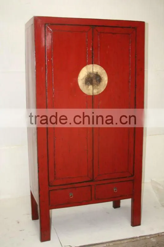 antique Chinese two door two drawer red lacquer wedding wardrobe