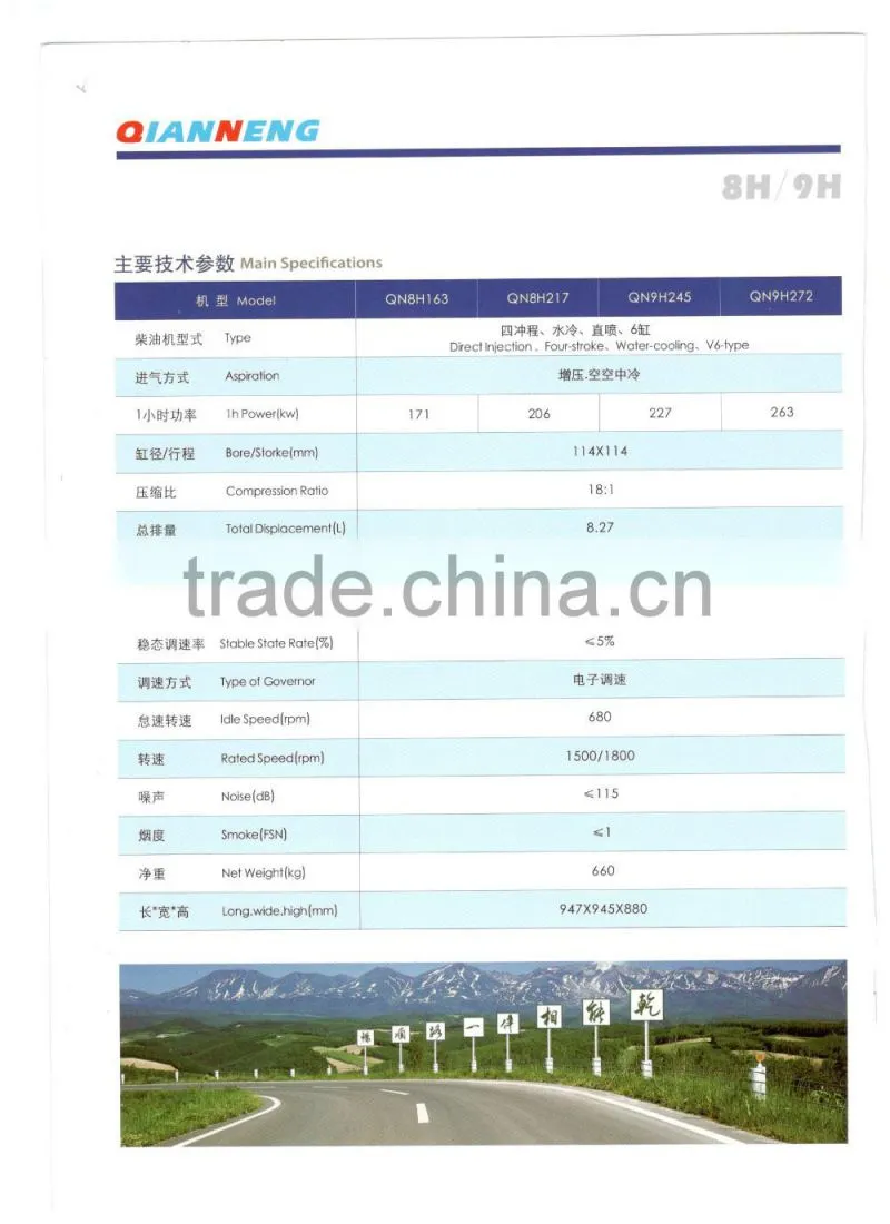 Outline of QN8H/ 9H Series Diesel Engines for Generator Sets with 220-350hp
