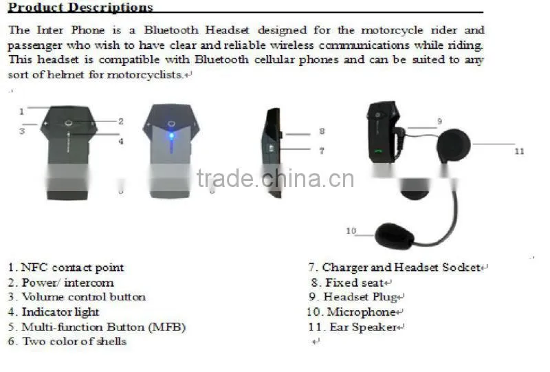 Motorcycle accessory helmet intercom wireless bluetooth headset/headphone