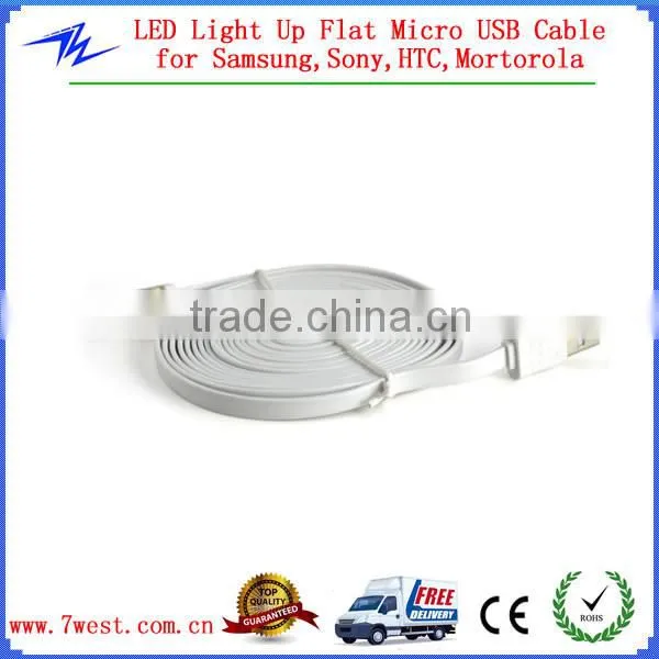 3M LED Light Up Flat Micro USB Data Cable Cord for Smartphone and Tablets