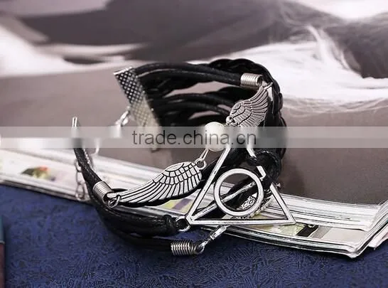 New Fashion owl deathly hallows angel wing leather bracelet DIY