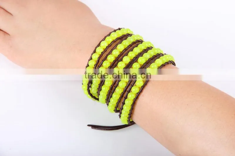 newest design fashion yellow beads charm bracelet women jewelry 5 coil winding leather bracelet bangles jewelry wholesale