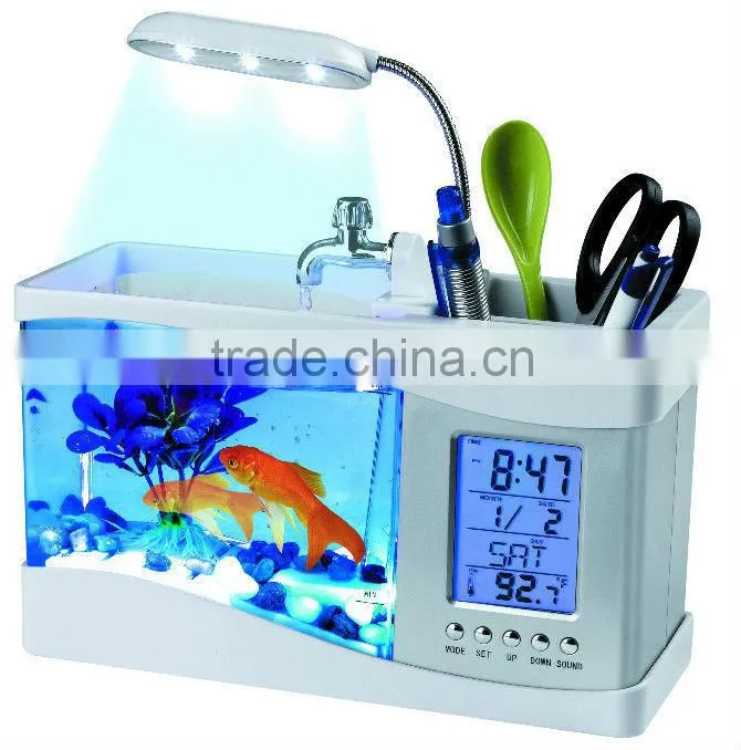 Mini Aquarium Fish Tank Penholder With Desktop LED Clock