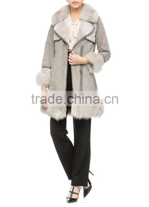 Ladies' full lambskin suede jacket with fox fur collar and cuffs