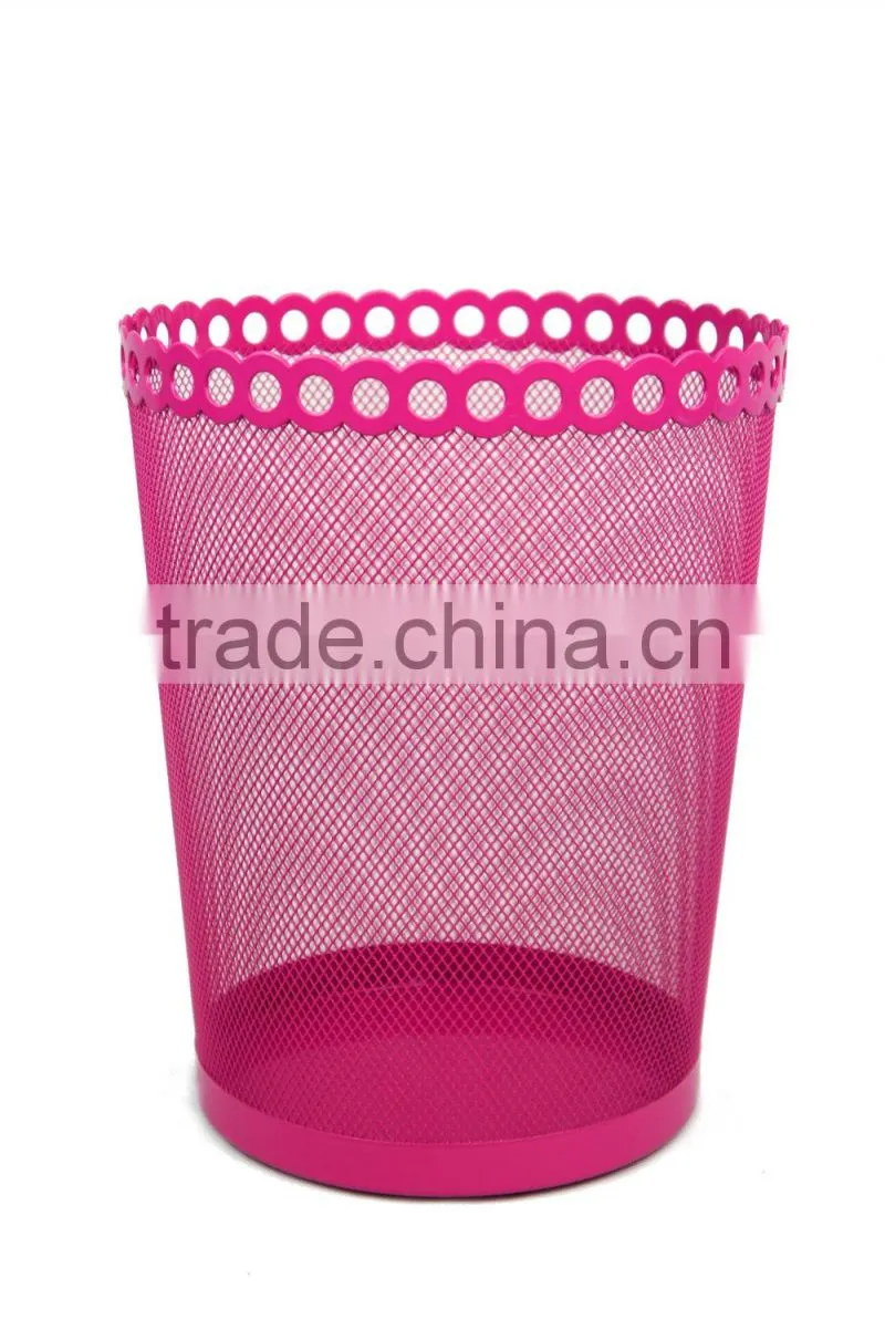 Red Flower Iron Mesh Round Waste Bin