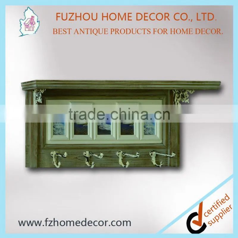 Newest decorative wooden wall shelf with frames and hooks