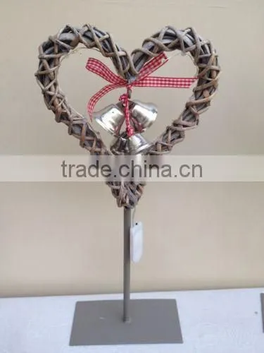 woven natural colored wicker heart shaped light decoration with stand for christmas & garden decoration