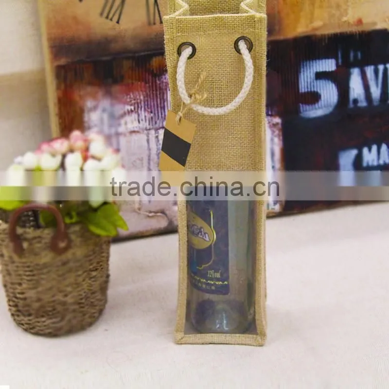 Clear jute bag with window/small jute wine bag with cotton material handle