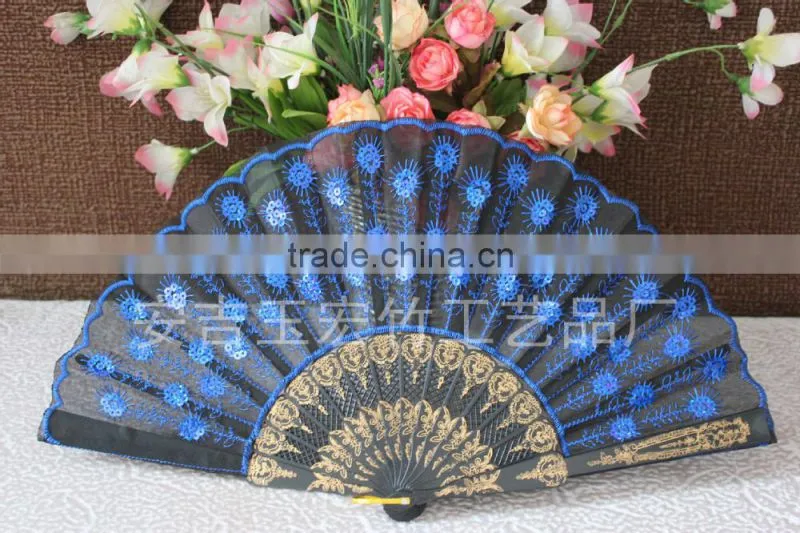 Plastic lace hand fan with embroidery peacock design