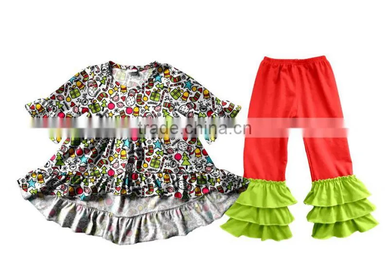 Fall Winter Snow Man Children's Long Sleeve Boutique Girl Clothing Set Baby Romper Outfits With Ruffle Pants Fast Delivery