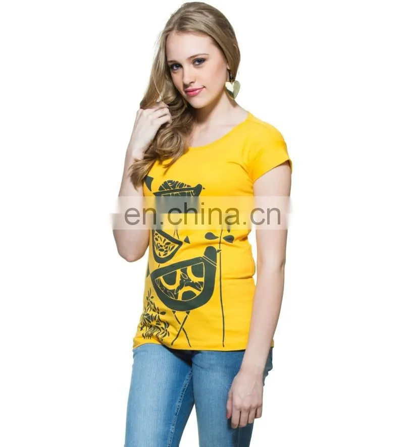 2015 New arrival wholesale garments customize made women top yellow elegant print fashionable hot t-shirt for girls