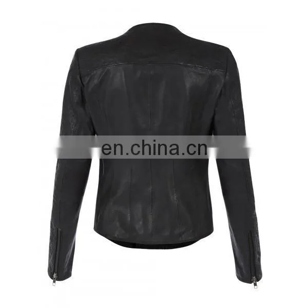 Bhira Black Collarless Brando Style Womens Biker Motorcycle Genuine Leather Jacket All Sizes