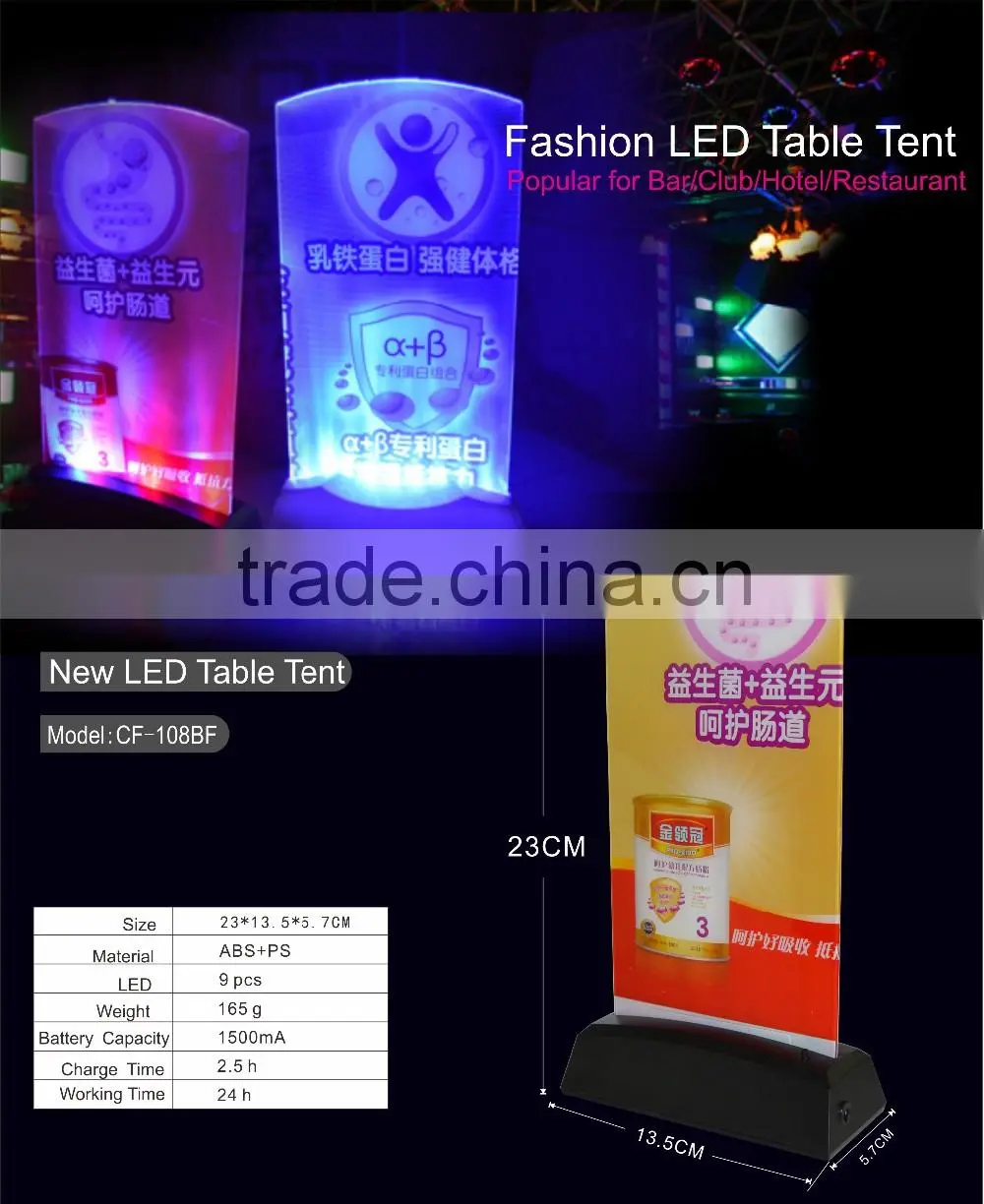 Rechargeable clear illuminated led table tent