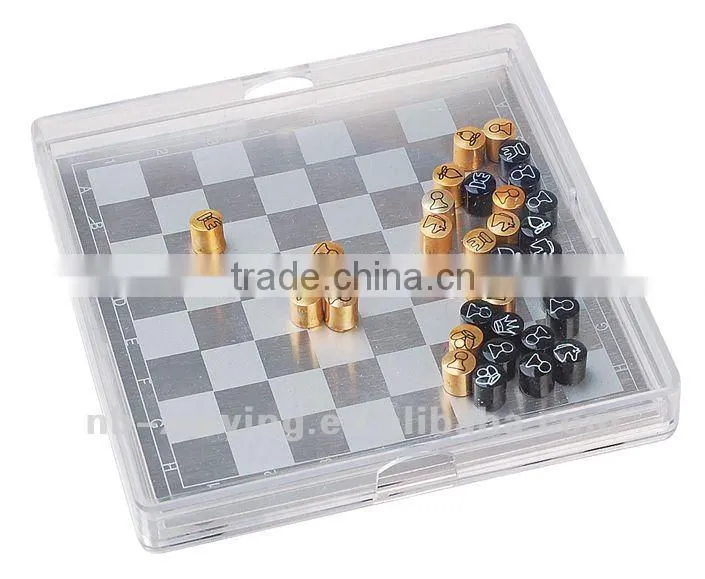 mini travel plastic casing with metal painting internaional chessboard