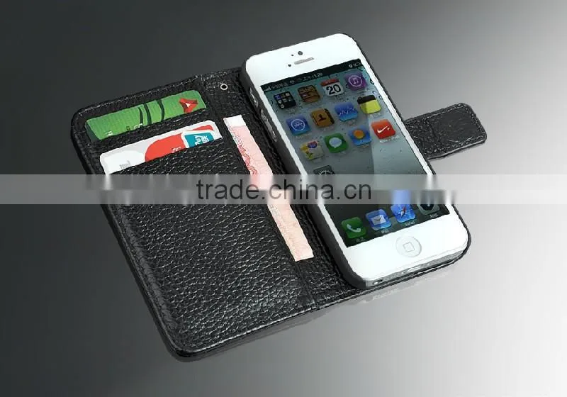 Luxury business style Litchi Vein cowhide leather case hot selling wallet case for iphone 5