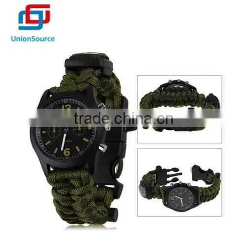 paracord bracelet,with watch compass and fire stone,buckle with flint and whistle