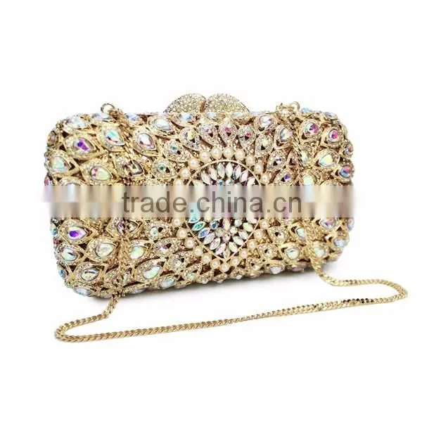 gold metal and AB color crystal evening clutch bag woman handbag ladies party bag (88162A-AB)